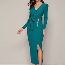 Load image into Gallery viewer, Surplice Neck Rhinestone Detail Split Hem Belted Dress