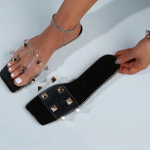 Load image into Gallery viewer, Get Edgy Spike-Studded Clear Band Slide Sandals