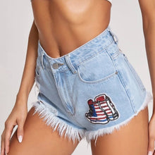 Load image into Gallery viewer, Ripped Raw Hem Sequin Patched Denim Shorts