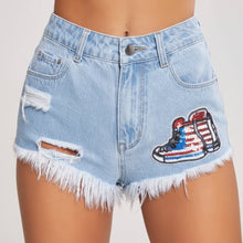 Load image into Gallery viewer, Ripped Raw Hem Sequin Patched Denim Shorts