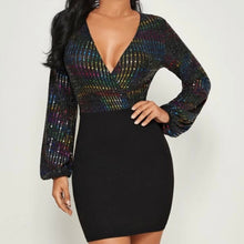 Load image into Gallery viewer, Plugging Neck Wrap Sequin Bodice Bodycon Dress
