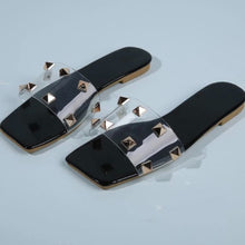 Load image into Gallery viewer, Get Edgy Spike-Studded Clear Band Slide Sandals
