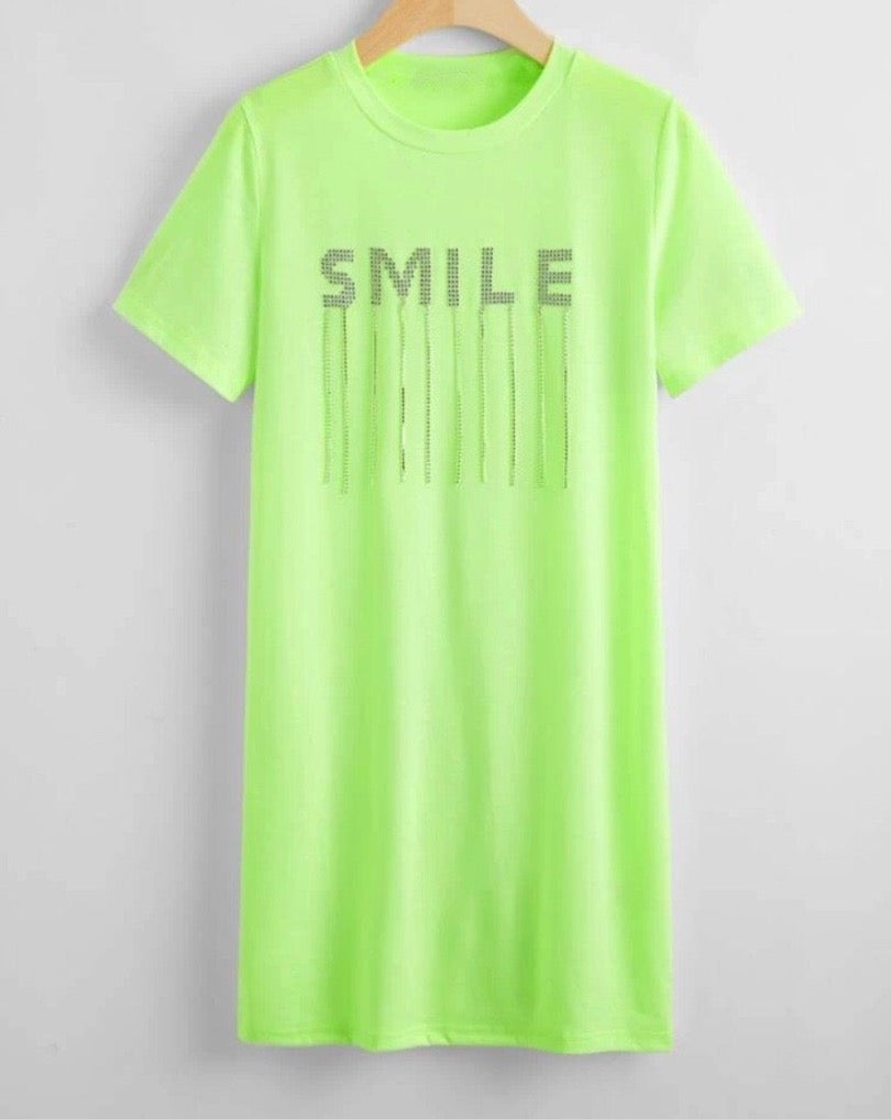 Neon Green Rhinestone Letter Fringe Details Dress