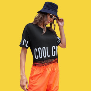 “Cool Girl” Fishnet Panel Tee
