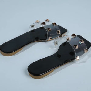 Get Edgy Spike-Studded Clear Band Slide Sandals