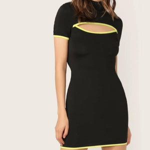 Neon Binding Mock Neck Cutout Front Bodycon Dress