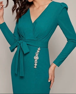 Surplice Neck Rhinestone Detail Split Hem Belted Dress