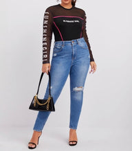 Load image into Gallery viewer, Plus Sheer Mesh Insert Contrast Piping Letter Graphic Bodysuit

