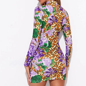 Mock-neck Leopard and Floral Bodycon Dress