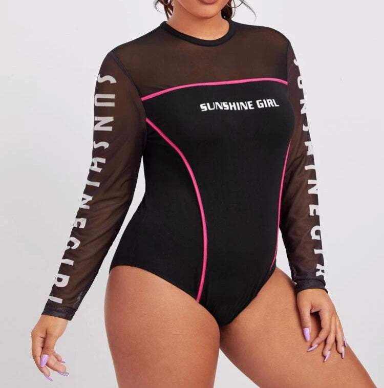 Plus Sheer Mesh Insert Contrast Piping Letter Graphic Bodysuit