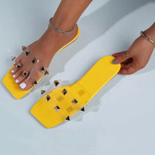 Load image into Gallery viewer, Get Edgy Spike-Studded Clear Band Slide Sandals
