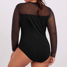 Load image into Gallery viewer, Plus Sheer Mesh Insert Contrast Piping Letter Graphic Bodysuit

