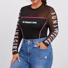 Load image into Gallery viewer, Plus Sheer Mesh Insert Contrast Piping Letter Graphic Bodysuit
