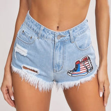 Load image into Gallery viewer, Ripped Raw Hem Sequin Patched Denim Shorts
