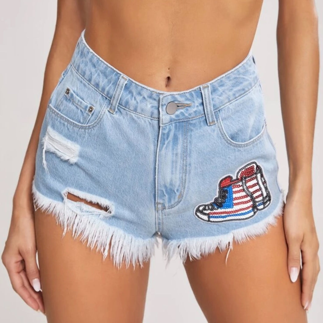 Ripped Raw Hem Sequin Patched Denim Shorts