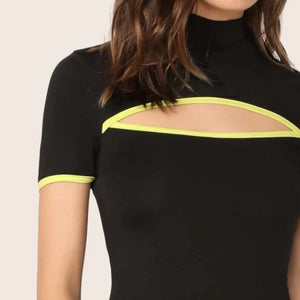 Neon Binding Mock Neck Cutout Front Bodycon Dress