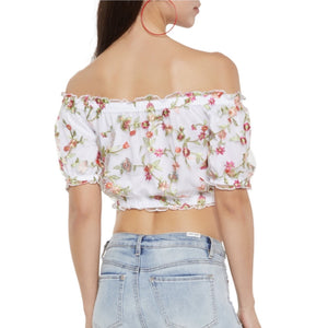 Floral Embroidered Off the Shoulder Crop Top