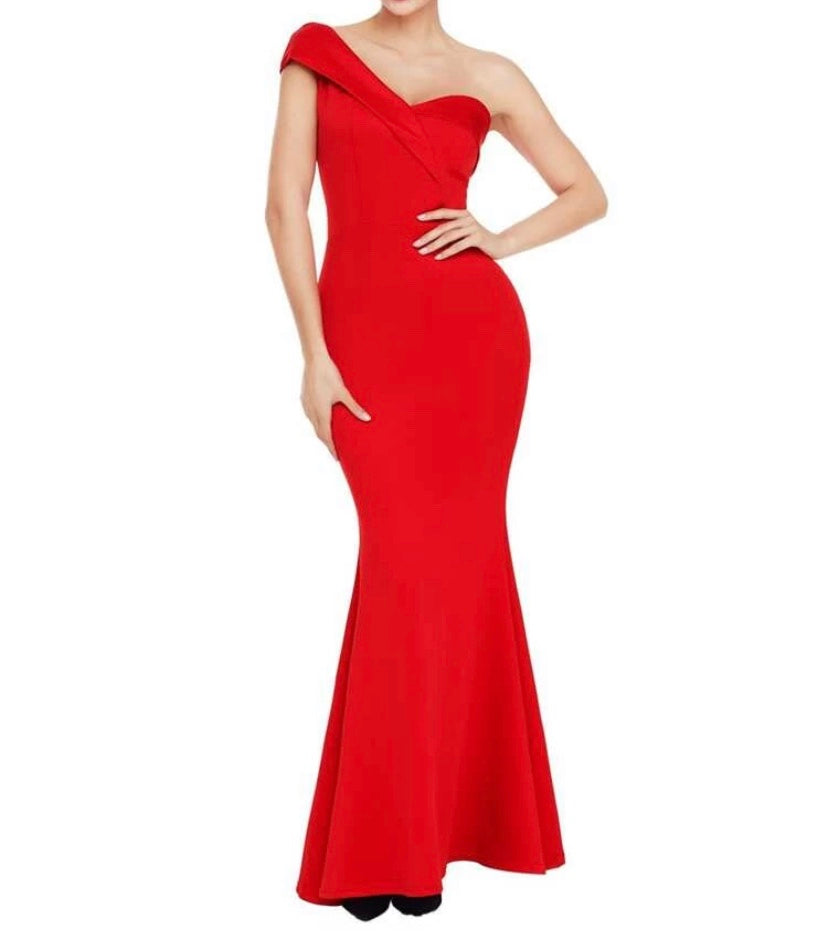 One Shoulder Foldover Fishtail Maxi Formal Dress