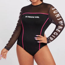 Load image into Gallery viewer, Plus Sheer Mesh Insert Contrast Piping Letter Graphic Bodysuit

