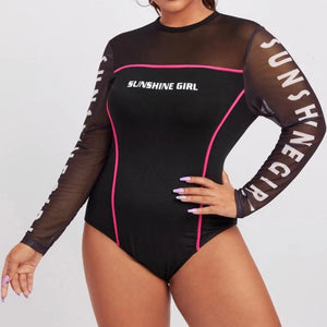 Plus Sheer Mesh Insert Contrast Piping Letter Graphic Bodysuit