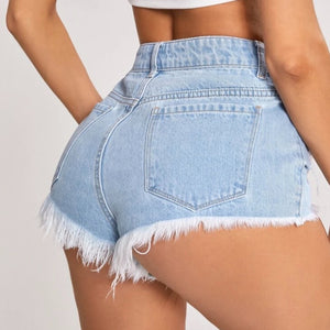 Ripped Raw Hem Sequin Patched Denim Shorts